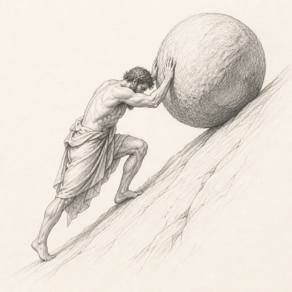 Sketch of Sisyphus pushing a boulder, symbolizing the endless effort of managing software